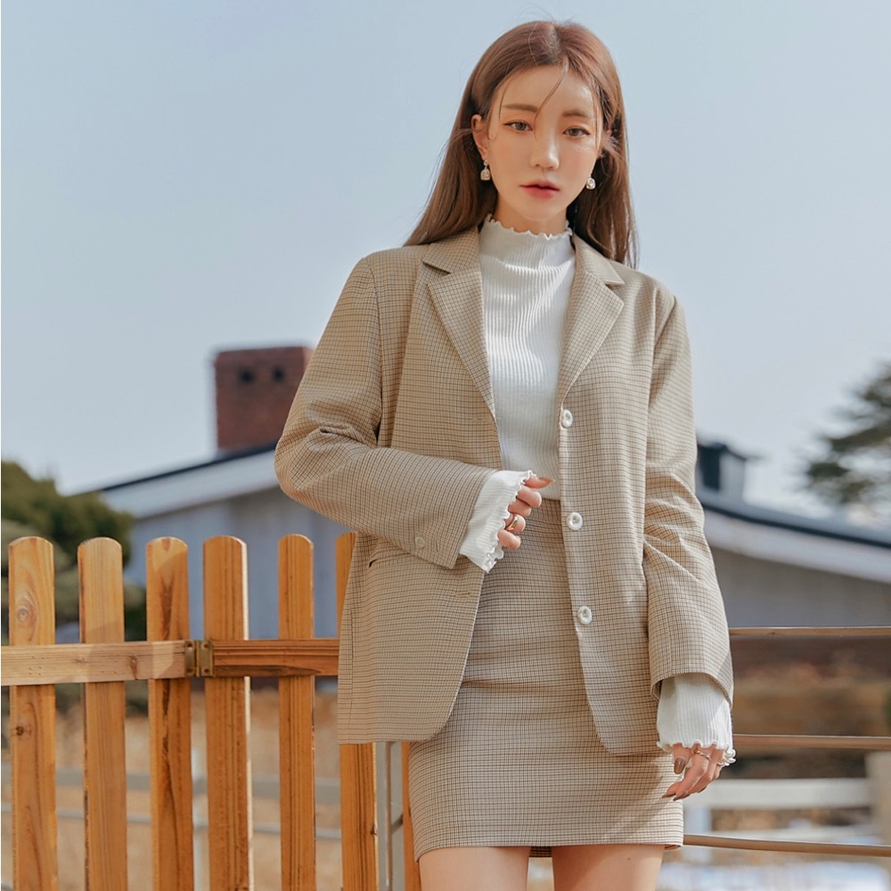 Beige Houndstooth Lapel Blazer